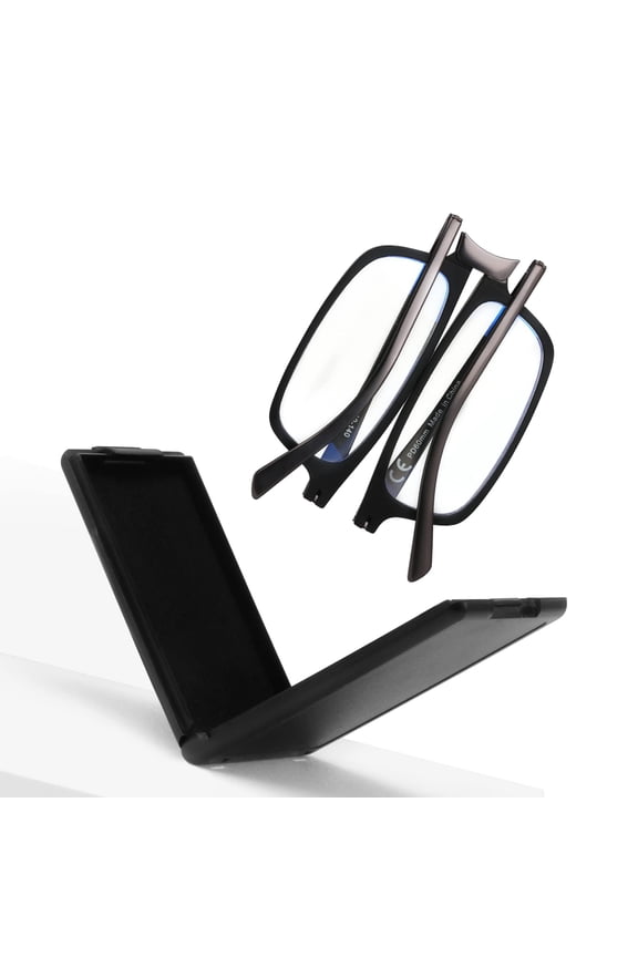Unbreakable Evolved Folding Reading Glasses For Women Men Blue Light Blocking Anti UV Eyestrain Foldable Portable Compact Readers with Flat Hard Case Pocket Computer glasses 2.5 BLACK
