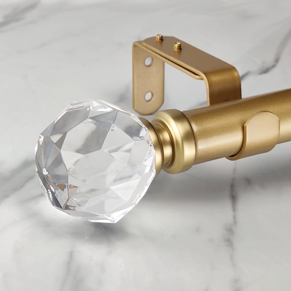 SKYPLUS LIVING 1-1/8 in Single Window Curtain Rod with Crystal Finial Set,Adjustable72-144'' in,Gold