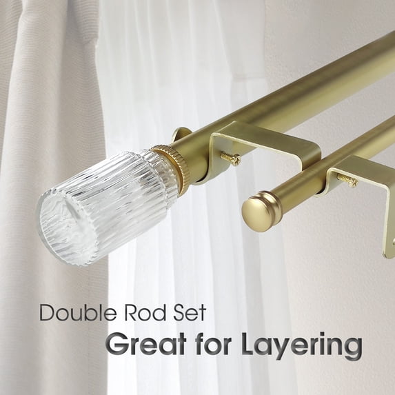 SKYPLUS LIVING 1-1/8 inch Double Window Curtain Rod with Glass Finials Set, Adjustable 36-72 in,Gold