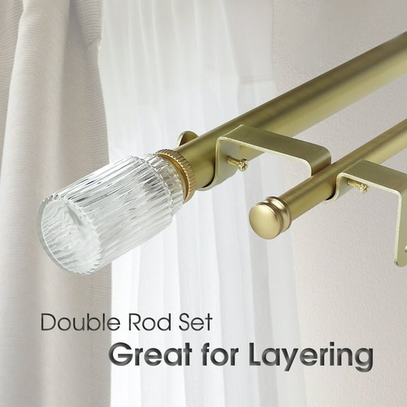SKYPLUS LIVING Double Curtain Rod with Ribbed Glass Finials, Adjustable 72-144 in, Gold