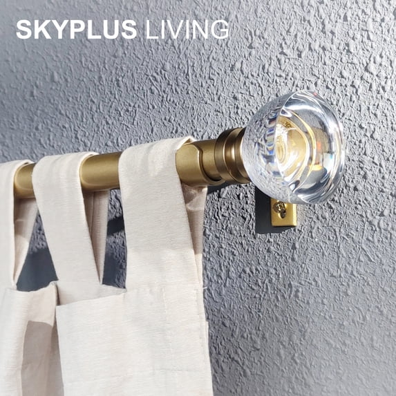 SKYPLUS LIVING 1 inch Window Curtain Rod with Acrylic Finials Set, Adjustable 72-144 in,Gold