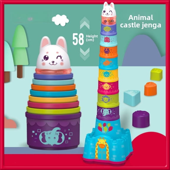 SKYQITIAN Rainbow Castle Stacking Cups - Montessori Early Education Toy for Babies, Helps Learn Colors & Sizes, Perfect for Quiet Time, Must-Have for Moms
