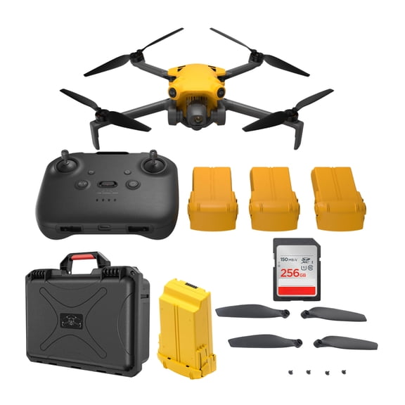 SKYROVER X1 48MP 4K Fly More Combo Drone (Yellow) Bundle with Batteries, Carrying Case, microSDXC Card and Replacement Drone Blades (5 Items)