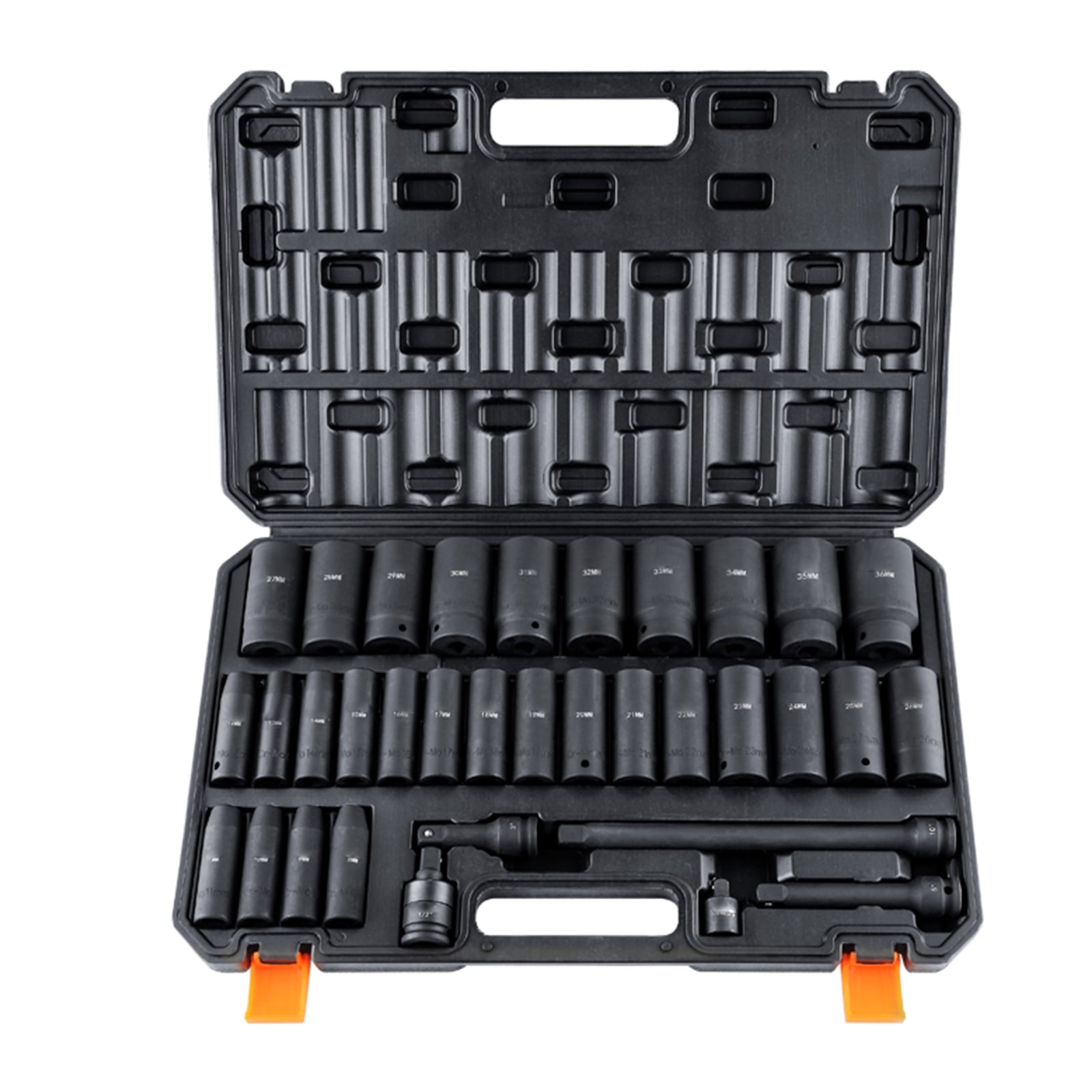 SKYSHALO 1/2" Drive Impact Socket Set, 34 Piece Socket Set Metric 8-36mm, 6 Point Cr-MO Alloy Steel for Auto Repair, Includes Adapters & Ratchet Handle & Storage Case