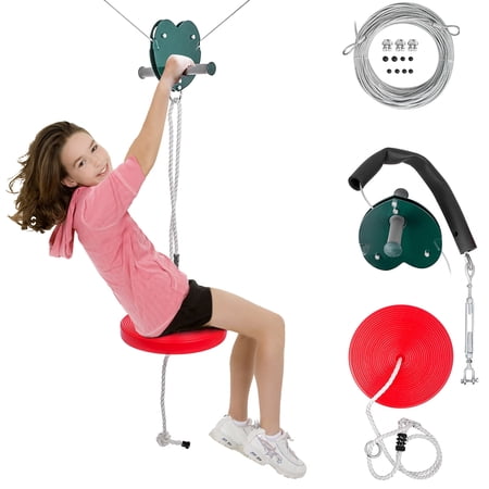 KFFKFF 100ft Zip Line Kit 250 lb Kids Adult Zip Line Trolley Slackers Zip Lines with Seat and Handle Heart Shaped Trolley for Backyard Entertainment