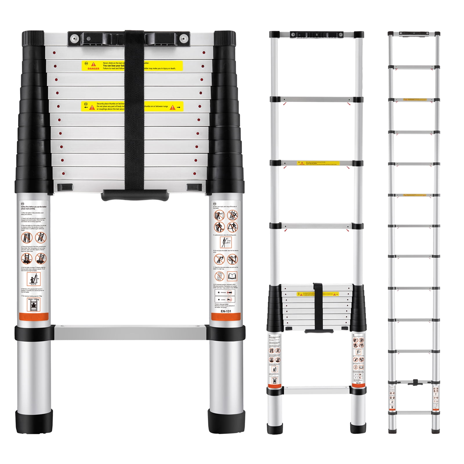 KFFKFF 12.5FT Telescoping Ladder 330lbs Load Capacity Aluminum Telescopic Extension Ladder, Multi-purpose Collapsible Ladder for RV, Home or Outdoor Work