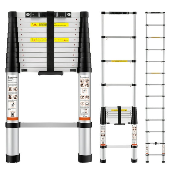 KFFKFF 12.5FT Telescoping Ladder 375lbs Load Capacity Aluminum Telescopic Extension Ladder, Multi-purpose Collapsible Ladder for RV, Home or Outdoor Work