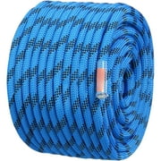 KFFKFF 12.7mm Durable Rope for Climbing, 45.7M(150ft) Length, 30KN Tensile Strength, Outdoor Fiber Cord with Metal Snap Hooks for Rappelling, Fire Emergency, and Escape, in Blue