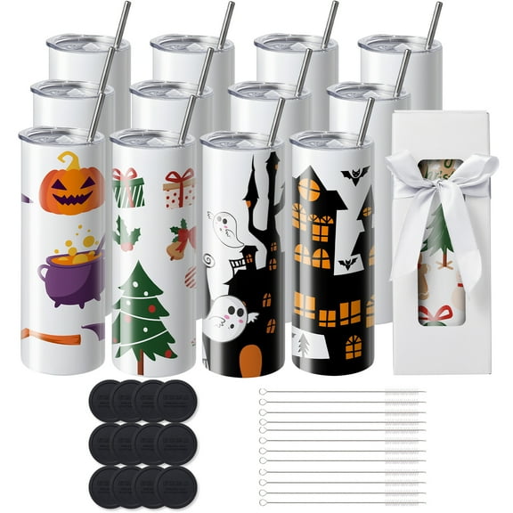 KFFKFF 12-Pack 20oz Sleek Sublimation Tumblers, Stainless Steel, Dual-Insulated, Ready for Heat Transfer Designs, Comes with Lid & Straw, Presented in Gift Packaging