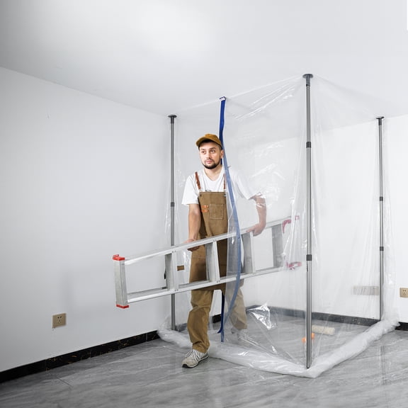SKYSHALO 12 ft Dust Barrier with Telescoping Poles and Magnetic Zipper Plastic Film, 15.9 lbs