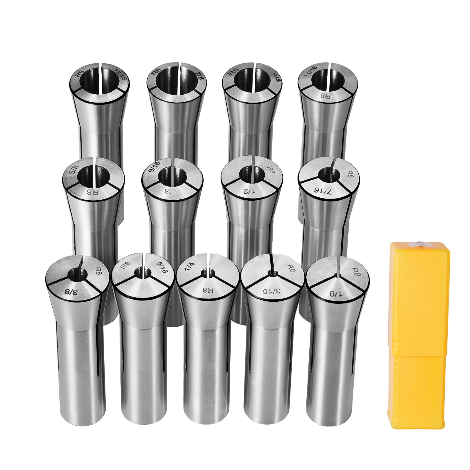 SKYSHALO 13-Piece R8 Collet Set, Sizes 1/8'' to 7/8'', Crafted from 45# Steel, Precision within 0.0012''/30μm TIR, Includes Labeled Storage Cases, Suitable for Milling Machines, Drill Presses