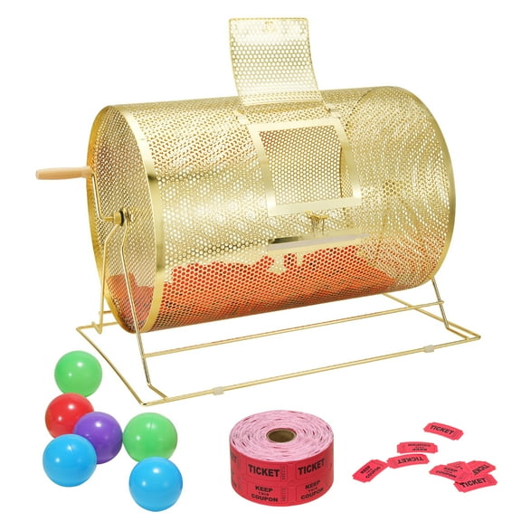 KFFKFF 14.8 x 21.26 inch Brass Plated Raffle Drum Lottery Spinning Drawing with Wooden Turning Handle Holds 10000 Tickets or 300 Ping Pong Balls for Bingo Ballot Part