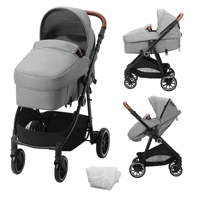 SKYSHALO 2 in 1 Convertible Stroller, Foldable Newborn Pram, Travel Stroller, Dark Grey