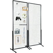 SKYSHALO 2' x 5.6' Grid Wall Panels Tower, 2 Packs Wire Gridwall Display Racks with T-Base Floorstanding, Double Side Gridwall Panels for Art Craft Shows, Retail Display with Extra Clips and Hooks