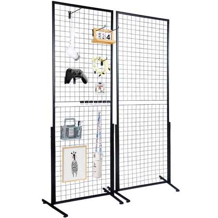 KFFKFF 2' x 5.6' Grid Wall Panels Tower, 2 Packs Wire Gridwall Display Racks with T-Base Floorstanding, Double Side Gridwall Panels for Art Craft Shows, Retail Display with Extra Clips and Hooks
