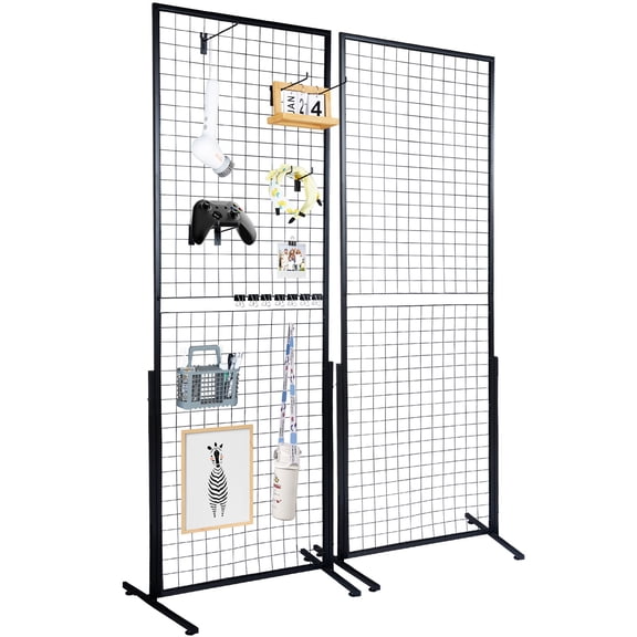 KFFKFF 2' x 5.6' Grid Wall Panels Tower, 2 Packs Wire Gridwall Display Racks with T-Base Floorstanding, Double Side Gridwall Panels for Art Craft Shows, Retail Display with Extra Clips and Hooks