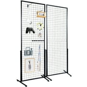 KFFKFF 2' x 5.6' Grid Wall Panels Tower, 2 Packs Wire Gridwall Display Racks with T-Base Floorstanding, Double Side Gridwall Panels for Art Craft Shows, Retail Display with Extra Clips and Hooks