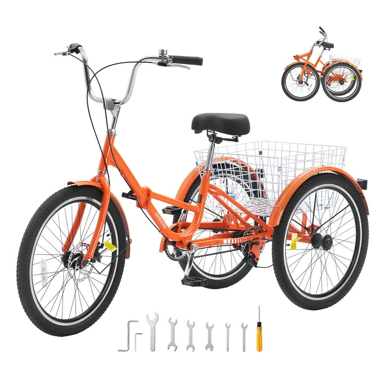 SKYSHALO Foldable Lightweight Adult Tricycle 26 3 Wheel Bike with Shopping Basket Vibrant Orange Walmart