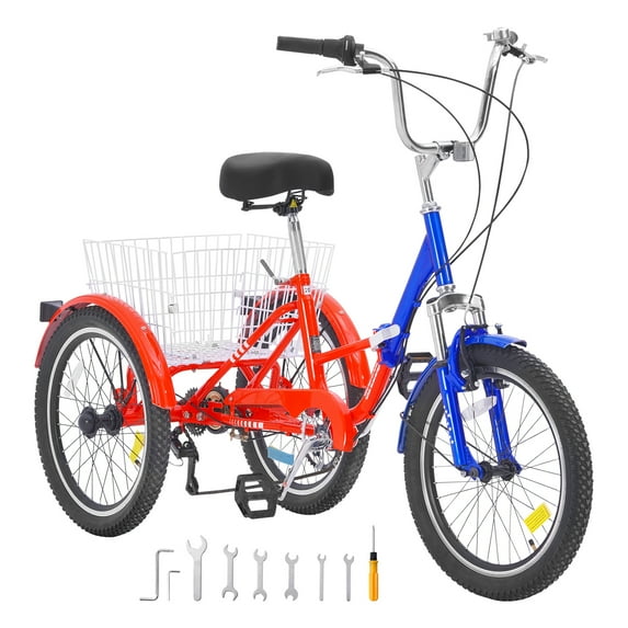 SKYSHALO 20" Folding Tricycle with Rear Carrying Basket and Maintenance Tools