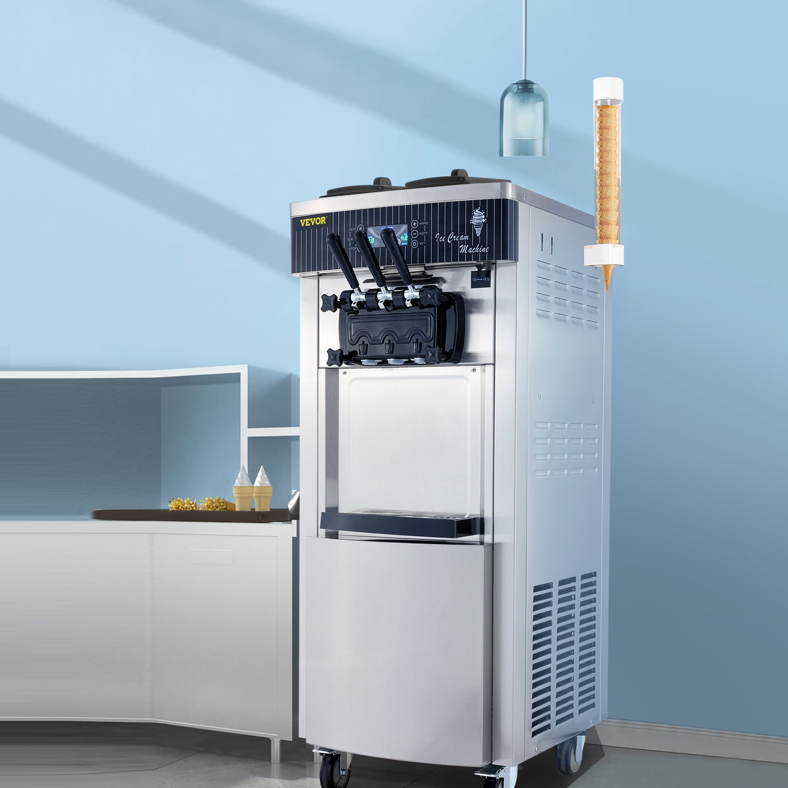 KFFKFF 2200W Commercial Soft Ice Cream Machine 3 Flavors 5.3 to 7.4Gallons per Hour Auto Clean LED Panel Perfect for Restaurants Snack Bar supermarkets 2200W