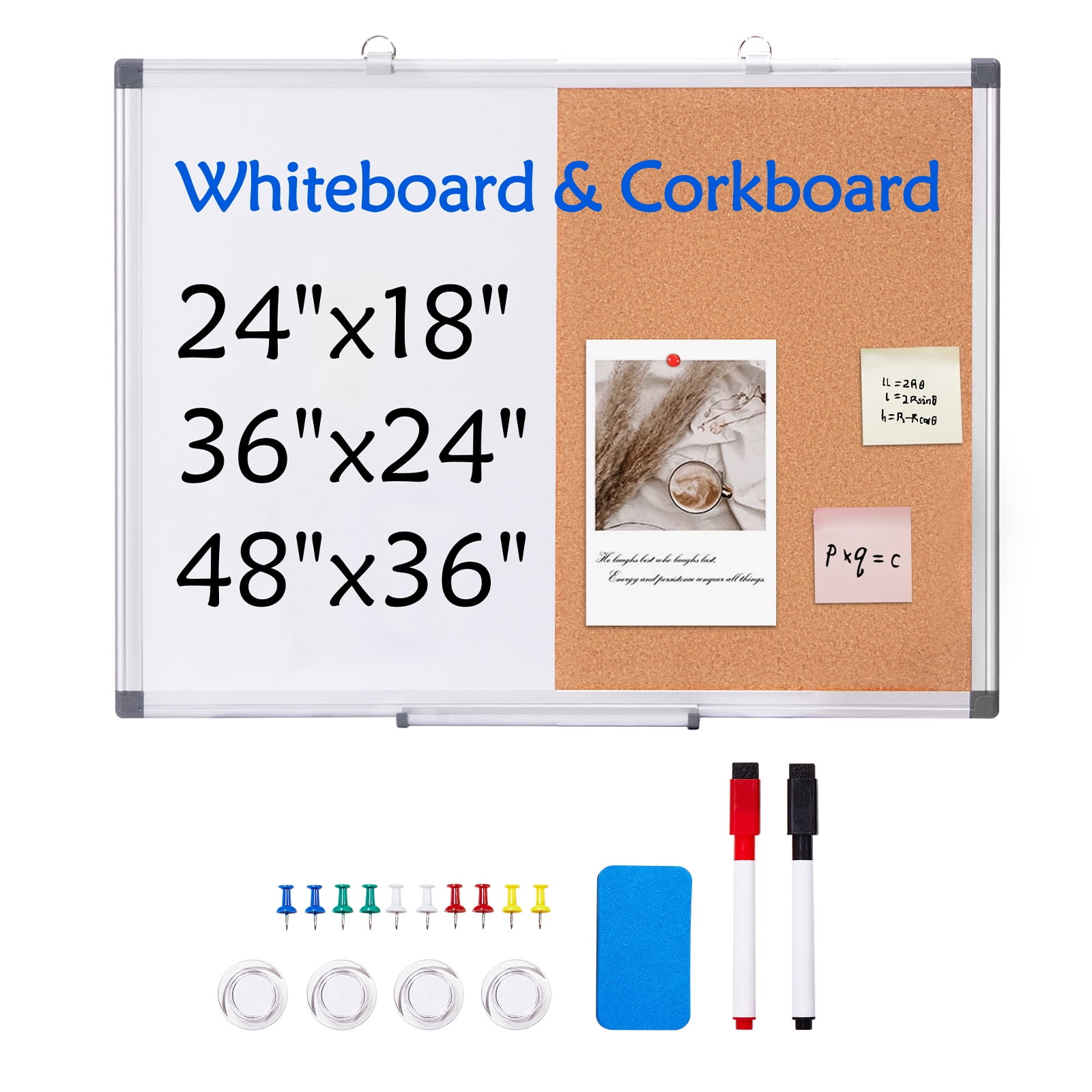SKYSHALO 24"x18" Combo Whiteboard & Cork Board with Aluminum Border Dual-Function Magnetic Dry Erase and Bulletin Board for Wall Installation Suitable for School, Home, Office