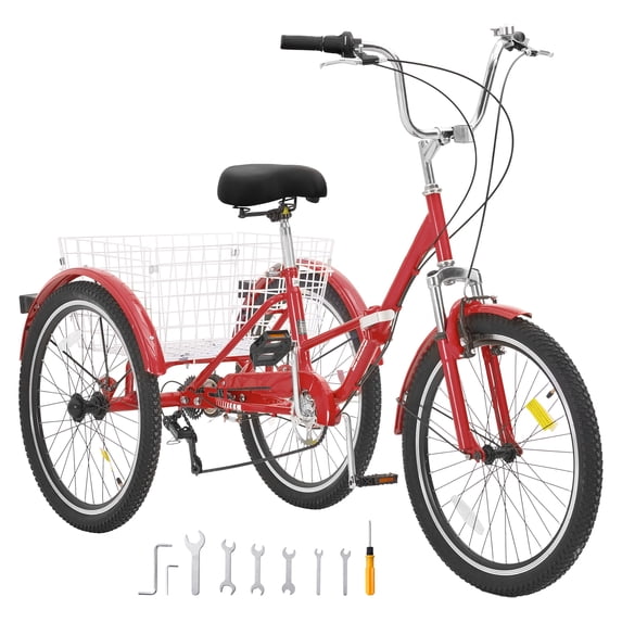 SKYSHALO 26-inch 7-Speed Folding Adult Tricycle, Red, Carbon Steel, 265 lbs Capacity