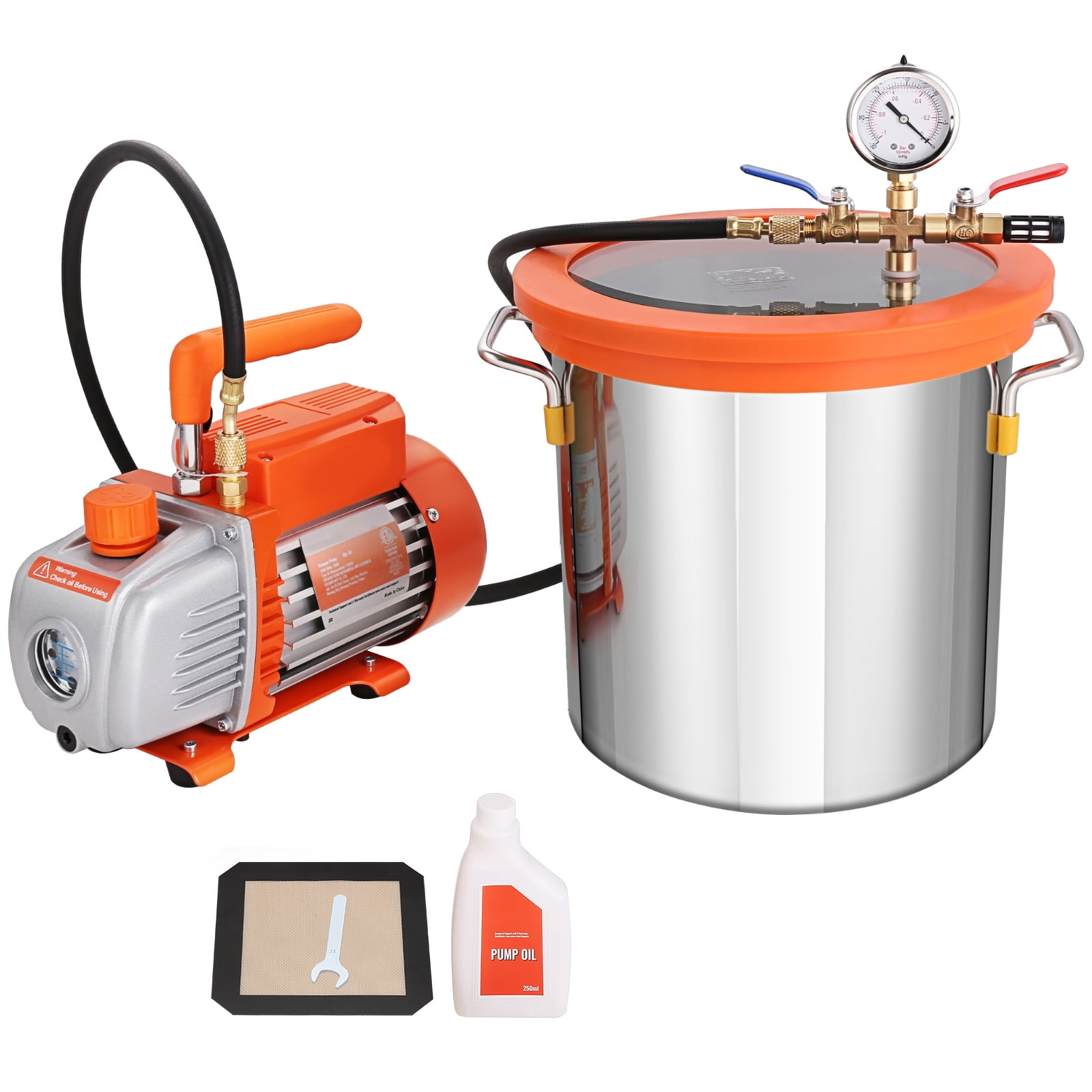 SKYSHALO 3 Gallon Degassing Chamber & 3.5 CFM Single Stage Pump Set, with Tempered Glass Top, Includes 250 ml Oil, Ideal for Wood Stabilization and Silicone & Epoxy Degassing