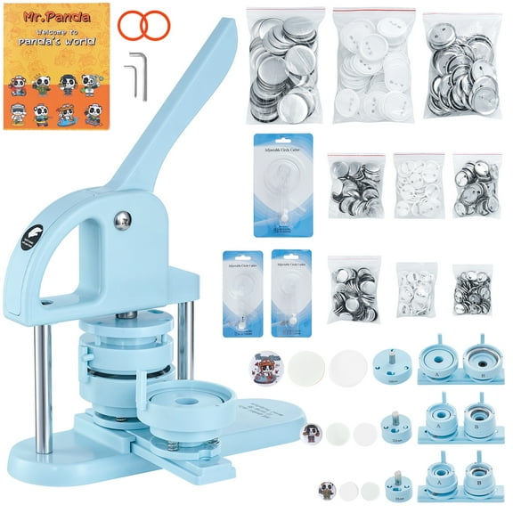 KFFKFF 3-IN-1 Button Maker, Multiple Sizes 1" +1.25" +2.28" (25/32/58mm) Badge Button Press Machine with 300pcs Button Parts, Button Maker Machine with Panda Magic Book, Ergonomic Arc Handle Punch