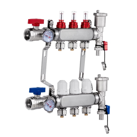 KFFKFF 3-Path Hydronic Floor Heating Manifold, Stainless Steel, Compatible with 1/2" PEX Pipes, Includes 1/2" Connectors for Efficient Radiant Floor Warming