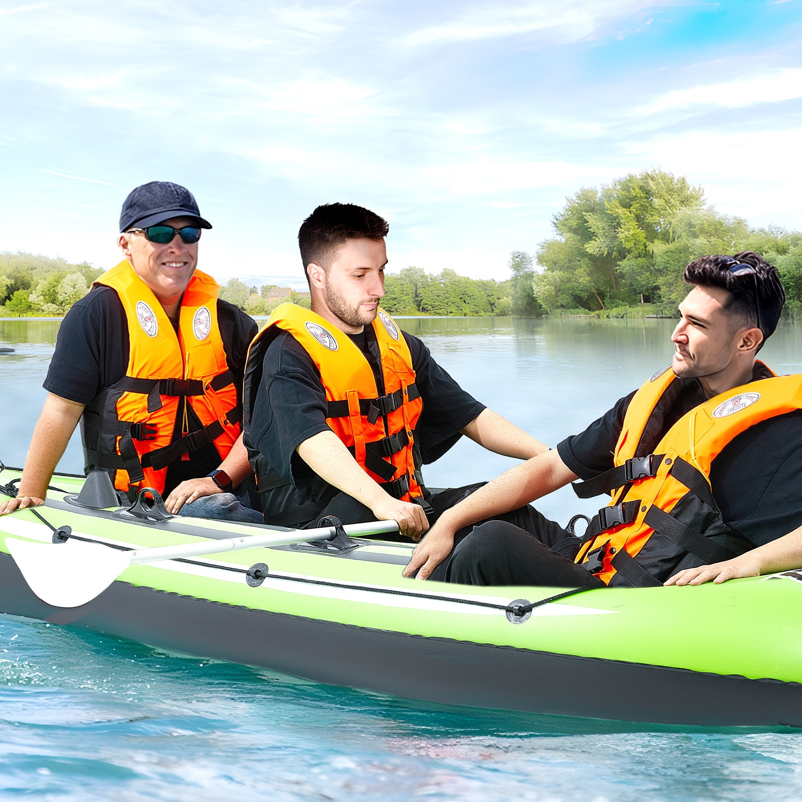 KFFKFF 3-Person PVC Inflatable Boat with Aluminum Oars and High-Output Pump