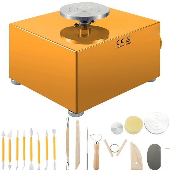 SKYSHALO 30W Ceramic Wheel Clay Machines Electric Sculpting Kits Adjustable Speedwith 3 Turntables Trays and 16pcs Tools for Art Craft Work Molding Gift and Home DIY(Yellow)