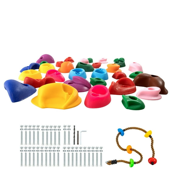 KFFKFF 32 Rock Climbing Holds, Assorted Sizes and Colors, Suitable for Children and Adults, Includes Climbing Rope and Installation Gear, Ideal for Both Indoor and Outdoor Rock Wall
