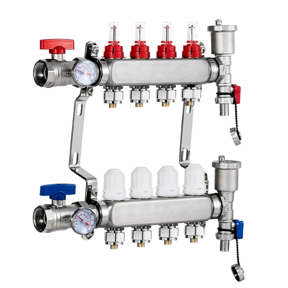 KFFKFF 4-Branch Stainless Steel Manifold for Hydronic Radiant Floor Heating, Compatible with 1/2" PEX Tubing, Includes 1/2" Adapters