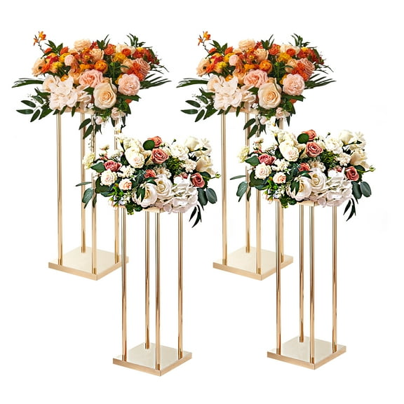 SKYSHALO 4-Piece Set Golden Metal Pillars for Weddings, 31.5" Tall, Featuring Metallic Finish, Geometric Vase Bases, Round Floral Arrangement Holders for Event Entrances, Parties