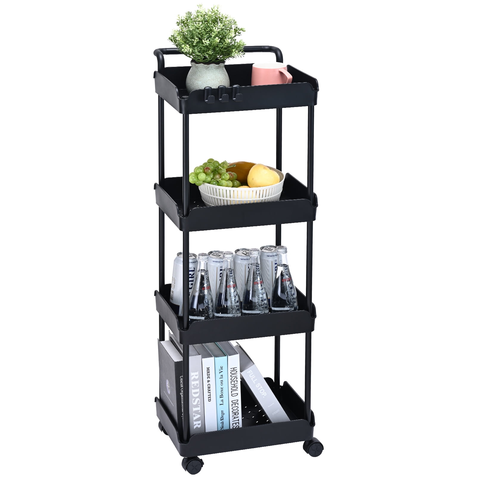SKYSHALO 4Tier Kitchen Rolling Cart Basket Utility Cart on Wheel with