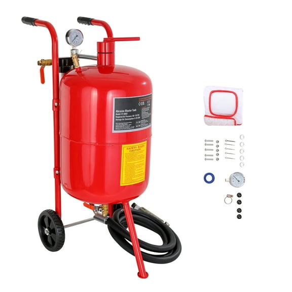 KFFKFF 10Gal/40L Portable Sandblaster with Nozzle Shut-Off Valve, Pressure Gauge, Ceramic Nozzle, 2.5m Hose, Filling Funnel, Water Trap, and 6-Inch Rubber Wheels for Grit Blasting Applications