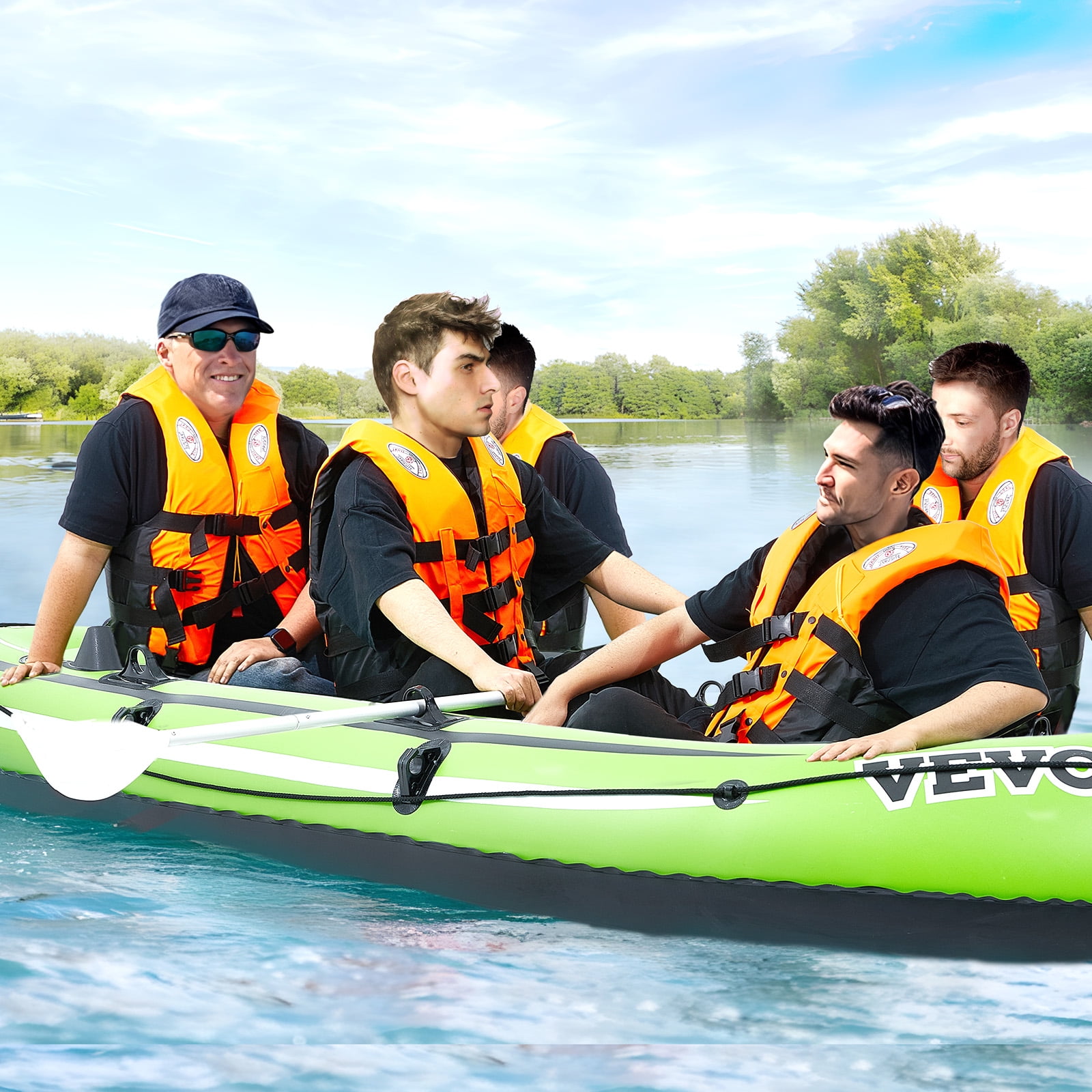 KFFKFF 5-Person PVC Inflatable Boat with Aluminum Oars and High-Output Pump