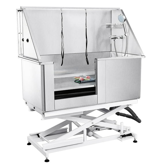 SKYSHALO 50" Electric Lift Pet Bath, Durable Stainless Steel Grooming Tub with Soap Holder, Faucet & Accessories, Multi-Pet Bathtub, Home Use Washing Station for Dogs (Left)