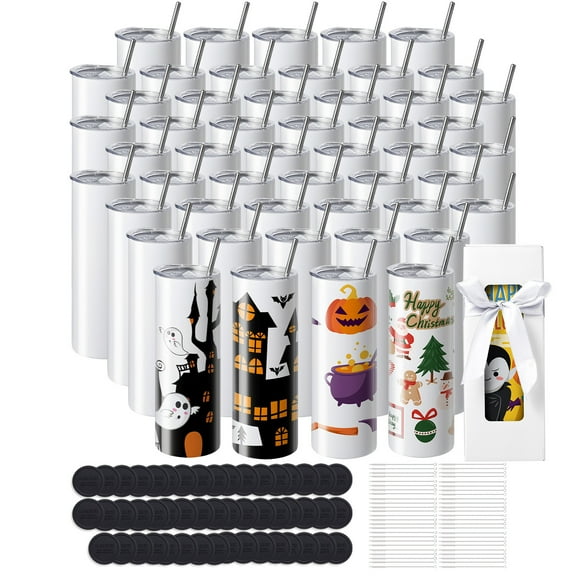 KFFKFF 50 Set 20oz Slim Straight Sublimation Tumblers, Double-Walled Stainless Steel, Ideal for Custom Heat Transfer Designs, Includes Lid & Straw, Packaged in Gift Boxes