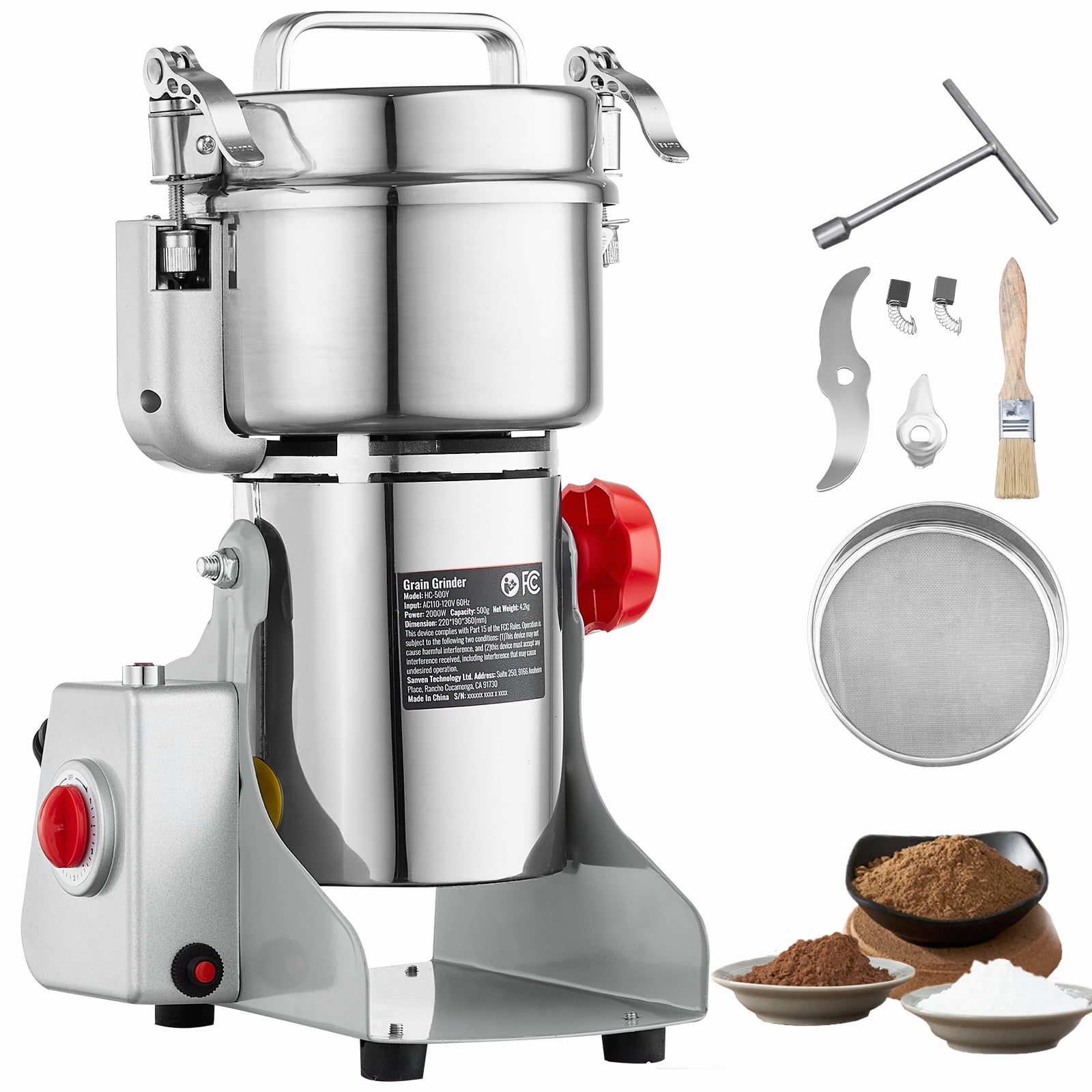 KFFKFF 500g Electric Grinder, 2000W Speedy Grain Mill, Stainless Steel for Dry Ingredients, Spices, Coffee, Corn, Swing Design