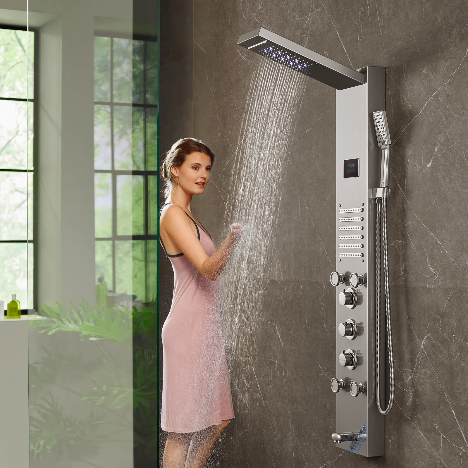 KFFKFF 6 Modes Shower LED Panel Tower System Hydroelectricity Stainless Steel
