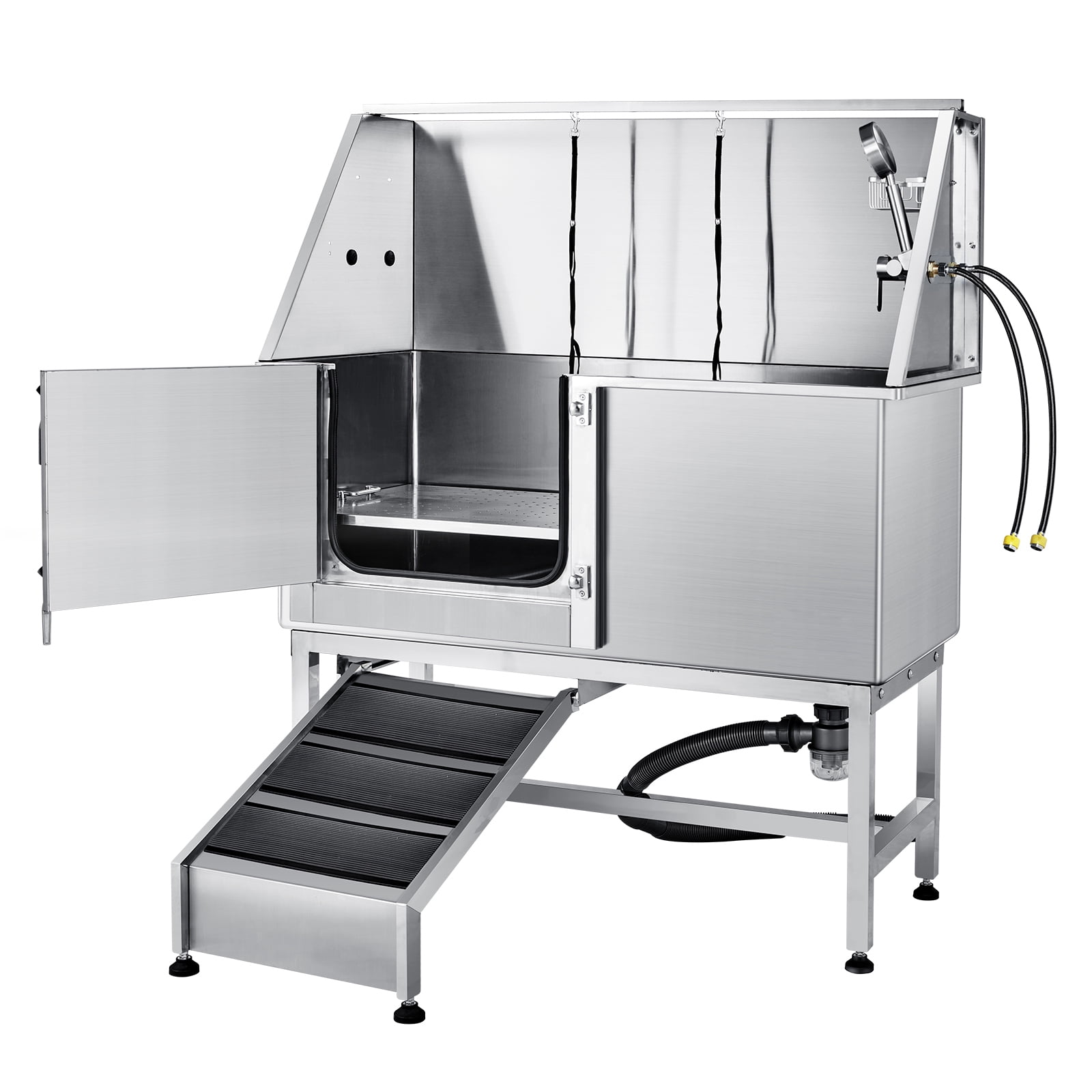 SKYSHALO 62" Dog Wash Station with Ramp, Durable Stainless Steel Pet Bathing Tub, Includes Soap Holder, Faucet & Accessories, Suitable for Large to Small Dogs, Home Use Bathtub (Left)