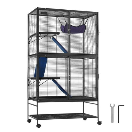 KFFKFF 64.6" Metal Cage on Wheels, Spacious 4-Level Habitat for Small Pets, Includes Ramps & Tray, Simple Assembly, Ideal for Ferrets, Rats, Guinea Pigs, Chinchillas, Squirrels, Hedgehogs, Bunnies