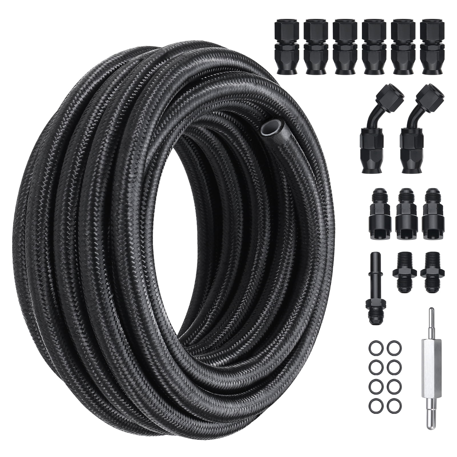 AN-10 Stainless Steel Braided Fuel Line Hose Kit - 30ft Black, E85 Compatible, Includes Swivel Fittings, 3000 PSI