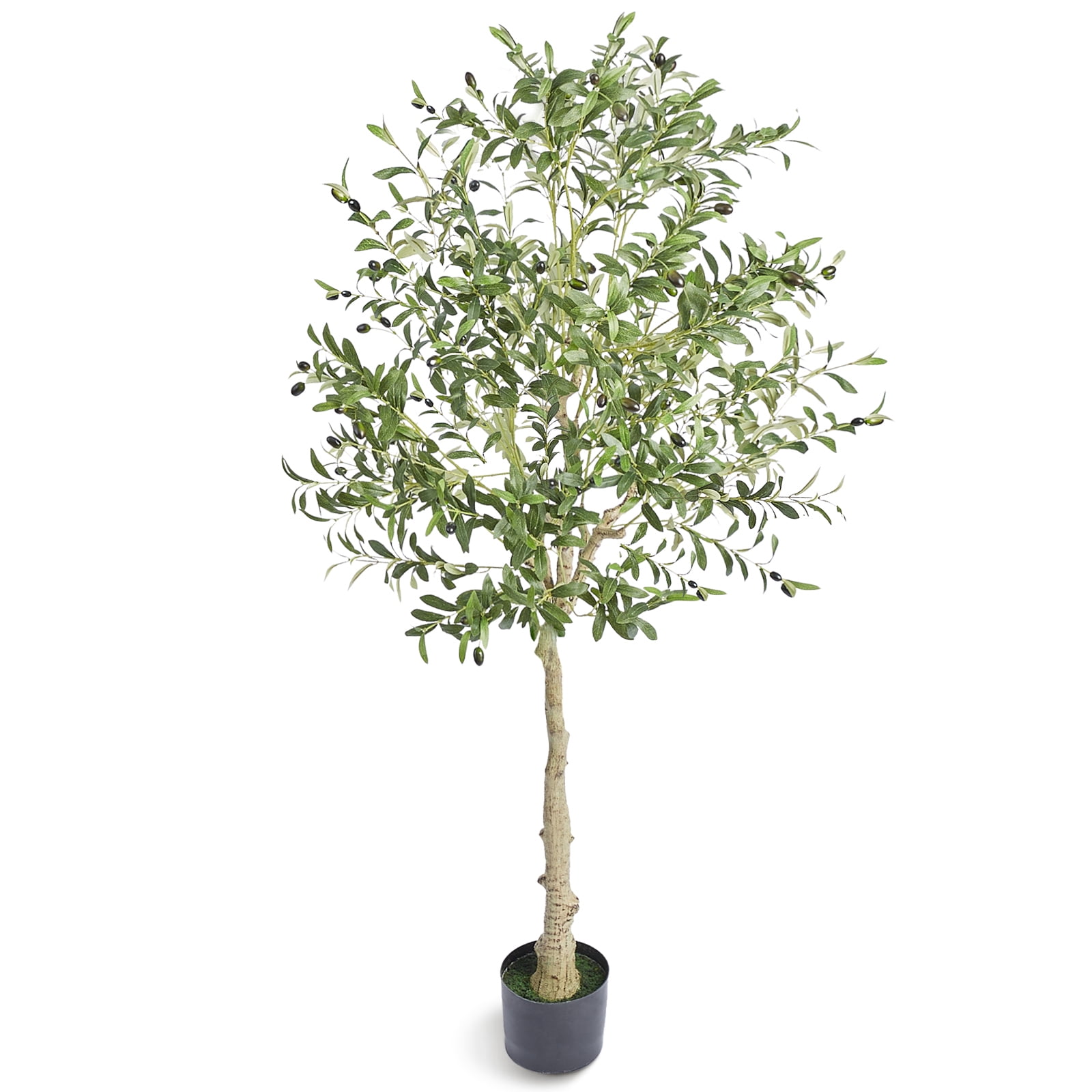 KFFKFF 6FT Artificial Olive Tree, Pre-assembled Faux Olive Tree in Black Plastic Pot, Indoor Fake Potted Tree with Natural Wood Trunk and Lifelike Fruits, Artificial Plants for Home Office Decor