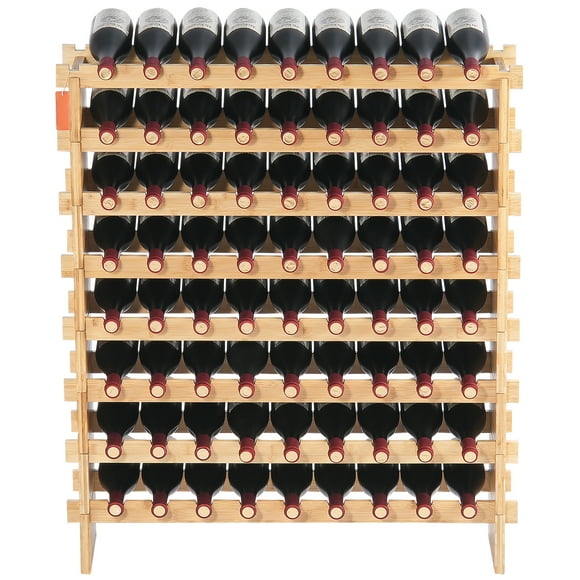 KFFKFF 72-Bottle Modular Wine Rack, Pinot Storage Solution, 8-Level Bamboo Wood Stand, Stable Floor Display Shelf for Kitchen, Bar, or Cellar
