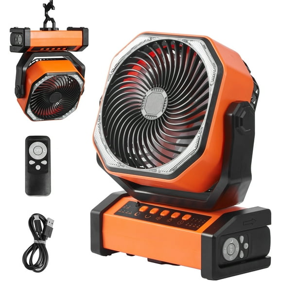 KFFKFF 9 inch Camping Tent Fan, 2000mAh Portable Fan with Hook for Tents, Rechargeable Auto Oscillating with LED Lantern 4 Speeds Adjustable, Swivel Timer