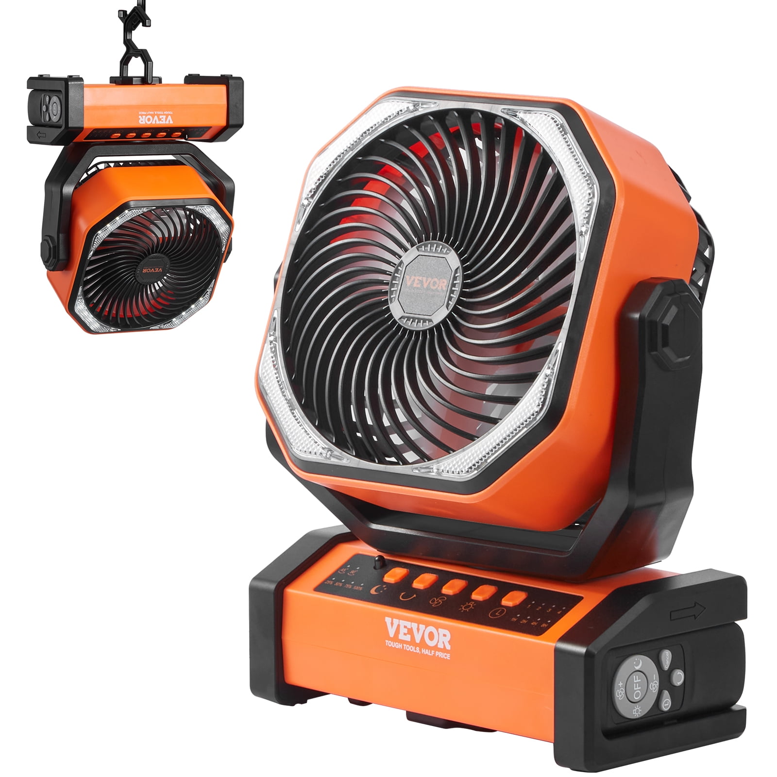 KFFKFF 9 inch Portable Fan Rechargeable with LED Lantern 4 Speeds Swivel Timer