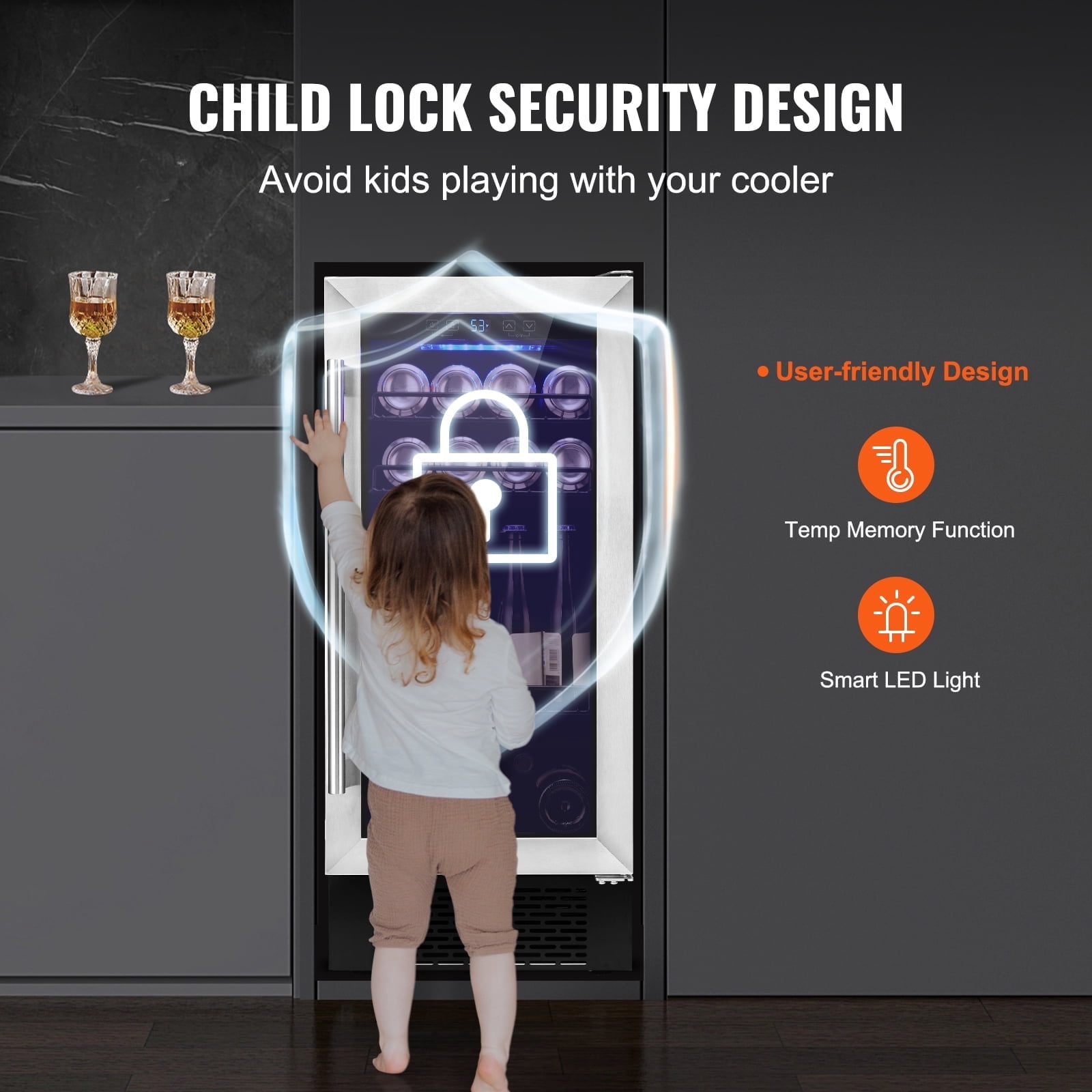 KFFKFF 98 Bottle Wine Fridge Stainless Steel Wine Cooler with Lock and LED Light