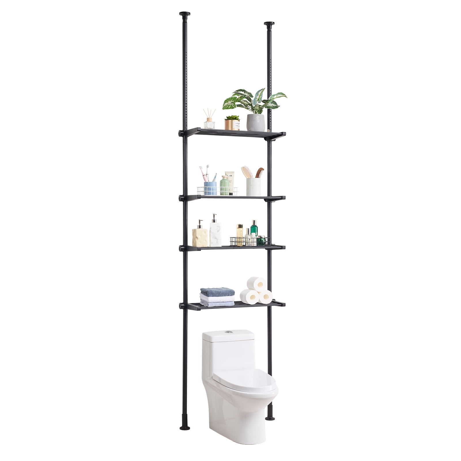 KFFKFF Above Toilet Shelving, 4-Level Adjustable Bathroom Shelf, Eco-friendly Steel, 53"-132" Height, Simple to Assemble, Space-Efficient for Compact Areas, Suits Various Toilets